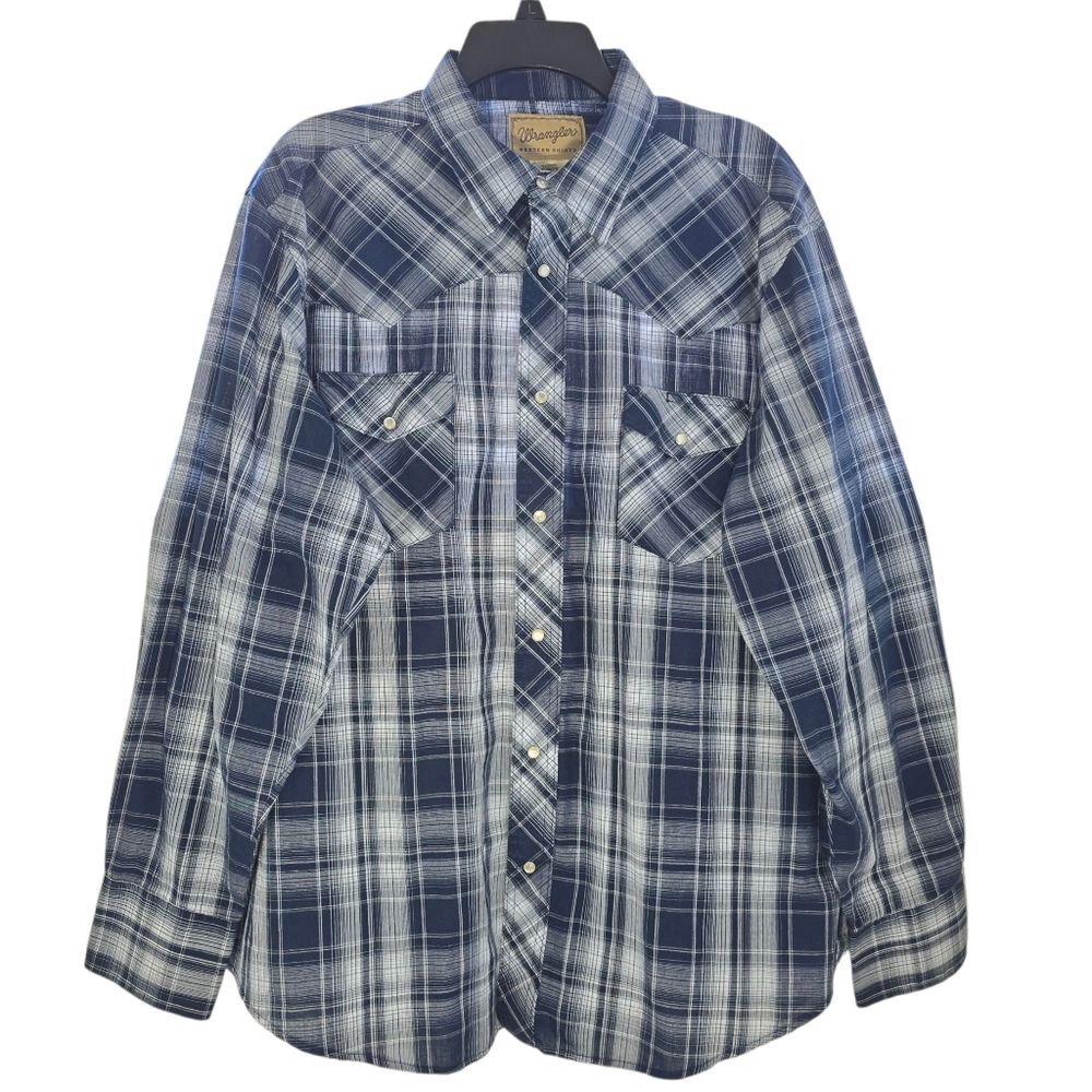 Wrangler Western Pearl Snap Buttons Shirt Size XL Plaid Long Sleeve Rodeo Cowboy